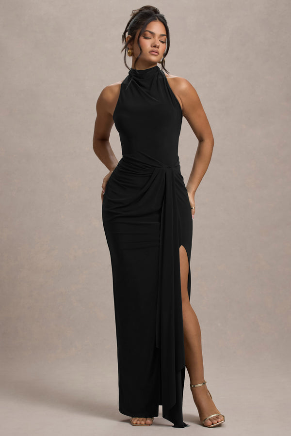 club l Khari Black High-Neck Twisted Maxi Dress With Drape