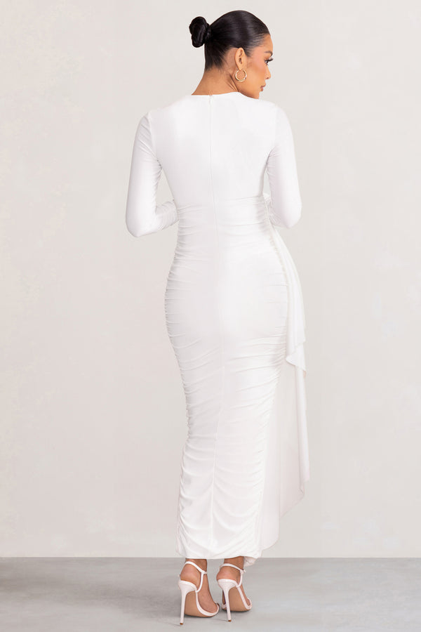 Club L Kiara White Long Sleeve Ruched Maternity Midi Dress With Frill Detail