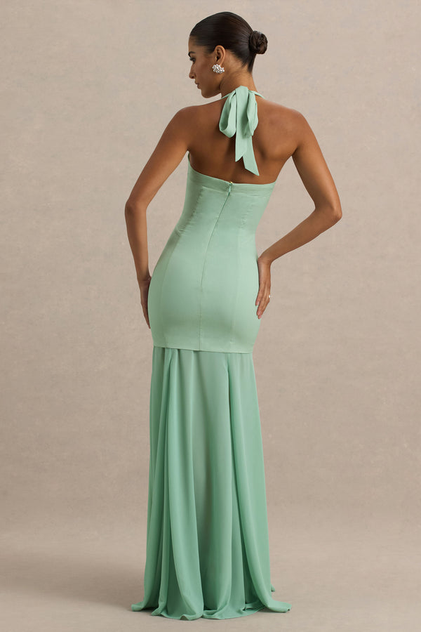 Club L Kirby Sage Corset Halter-Neck Maxi Dress With Sheer Detail