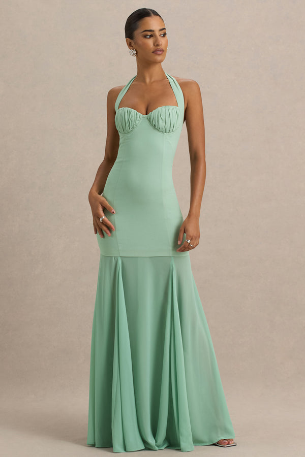 Club L Kirby Sage Corset Halter-Neck Maxi Dress With Sheer Detail