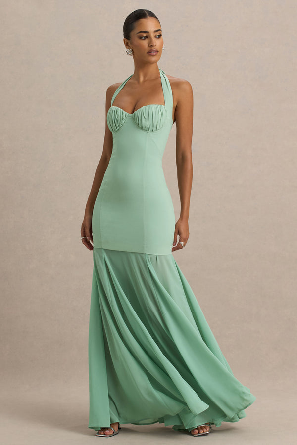Club L Kirby Sage Corset Halter-Neck Maxi Dress With Sheer Detail