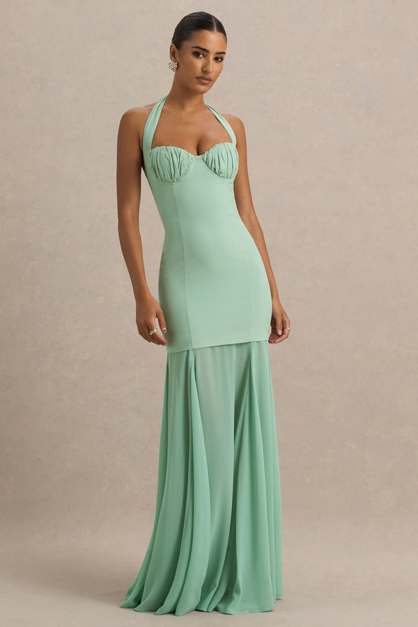 club l Kirby Sage Corset Halter-Neck Maxi Dress With Sheer Detail