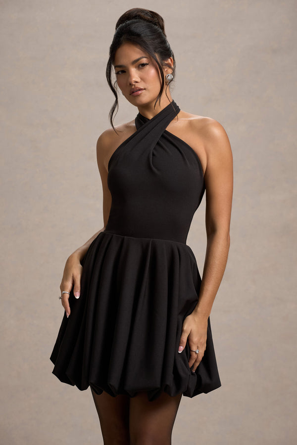 Club L Klytie Black Halter-Neck Mini Dress With Puff-Ball Skirt
