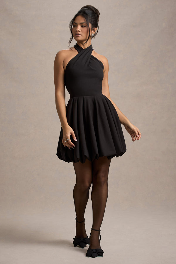 club l Klytie Black Halter-Neck Mini Dress With Puff-Ball Skirt