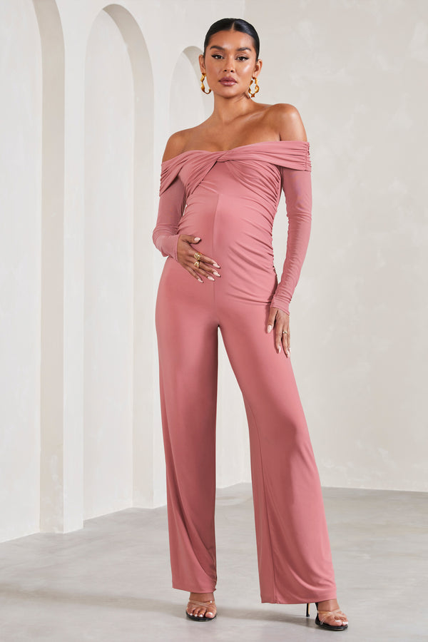 Club L Kyla Blush Pink Ruched Bardot Long-Sleeved Wide-Leg Maternity Jumpsuit