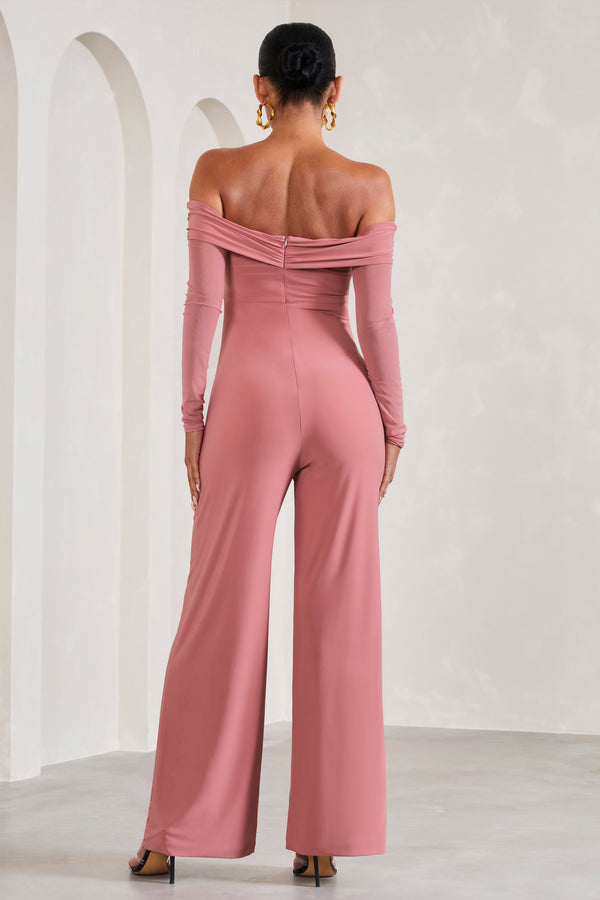 Club L Kyla Blush Pink Ruched Bardot Long-Sleeved Wide-Leg Maternity Jumpsuit