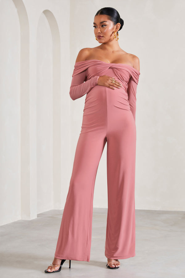 club l Kyla Blush Pink Ruched Bardot Long-Sleeved Wide-Leg Maternity Jumpsuit
