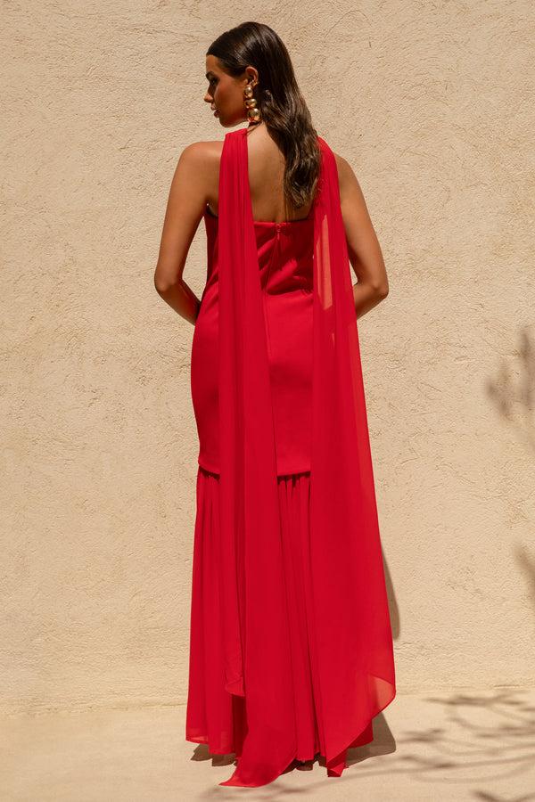 Club L Kylie Red High-Neck Maxi Dress With Chiffon Skirt