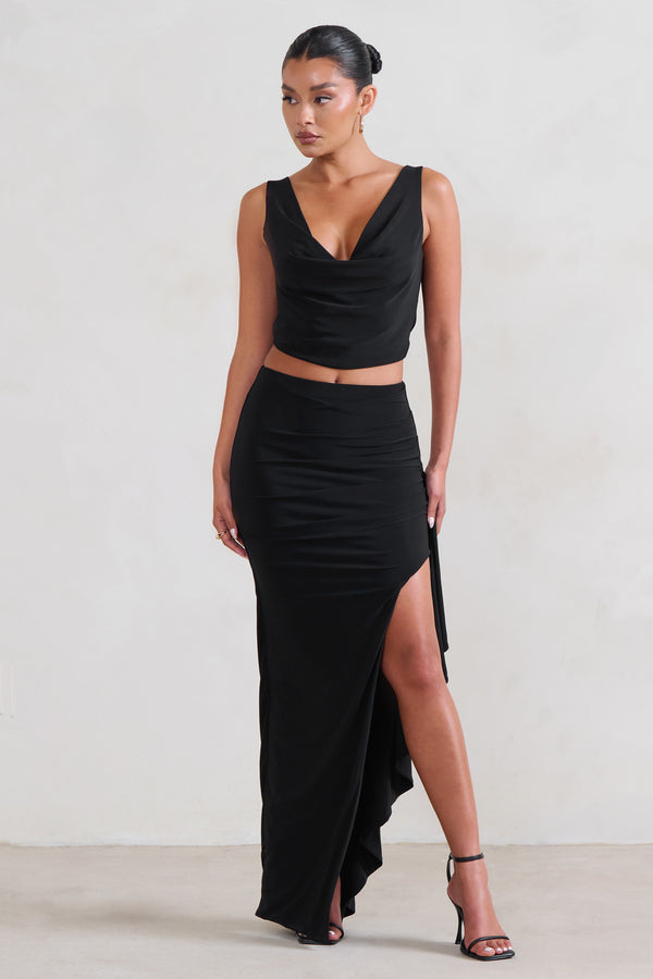 Club L La Belle Black Ruffle Maxi Skirt With Thigh Split