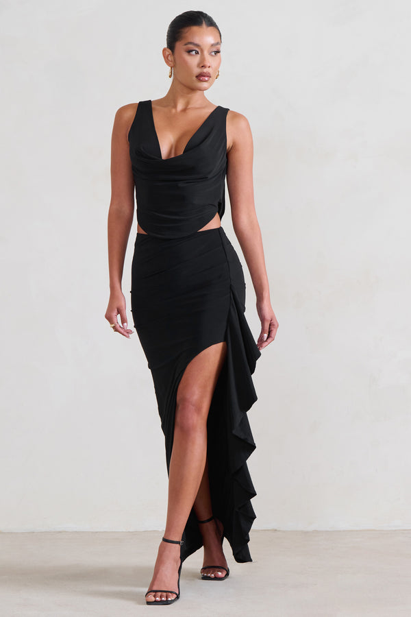 club l La Belle Black Ruffle Maxi Skirt With Thigh Split