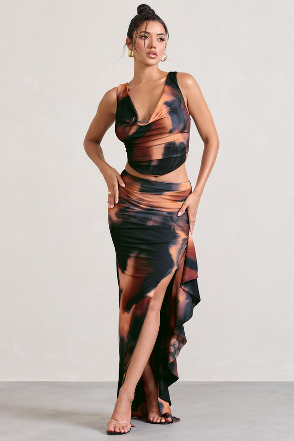 Club L La Belle Orange Smoke Print Ruffle Maxi Skirt With Thigh Split
