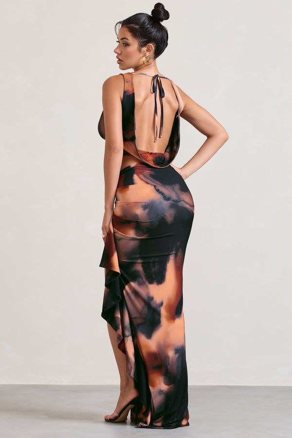 Club L La Belle Orange Smoke Print Ruffle Maxi Skirt With Thigh Split
