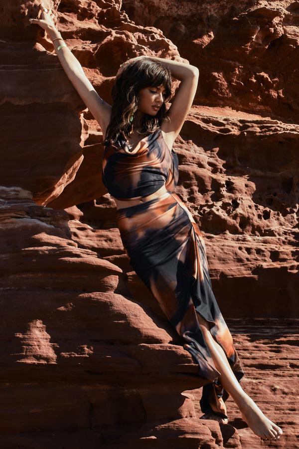 club l La Belle Orange Smoke Print Ruffle Maxi Skirt With Thigh Split