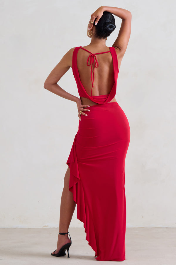 Club L La Belle Red Ruffle Maxi Skirt With Thigh Split