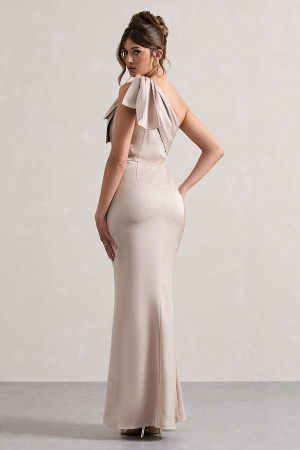 Club L Lady Champagne Satin One Shoulder Maxi Dress With Bow