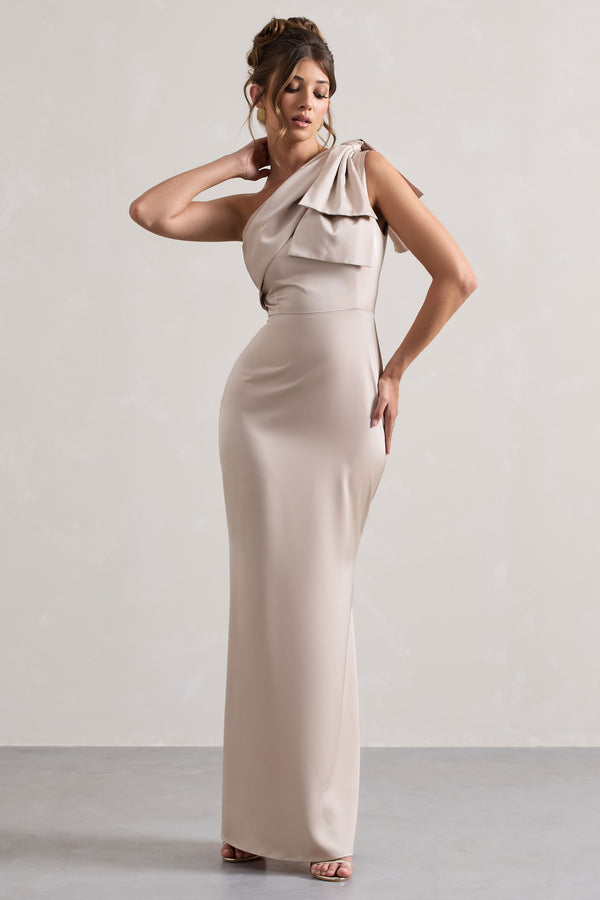 Club L Lady Champagne Satin One Shoulder Maxi Dress With Bow