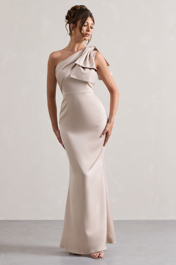 club l Lady Champagne Satin One Shoulder Maxi Dress With Bow