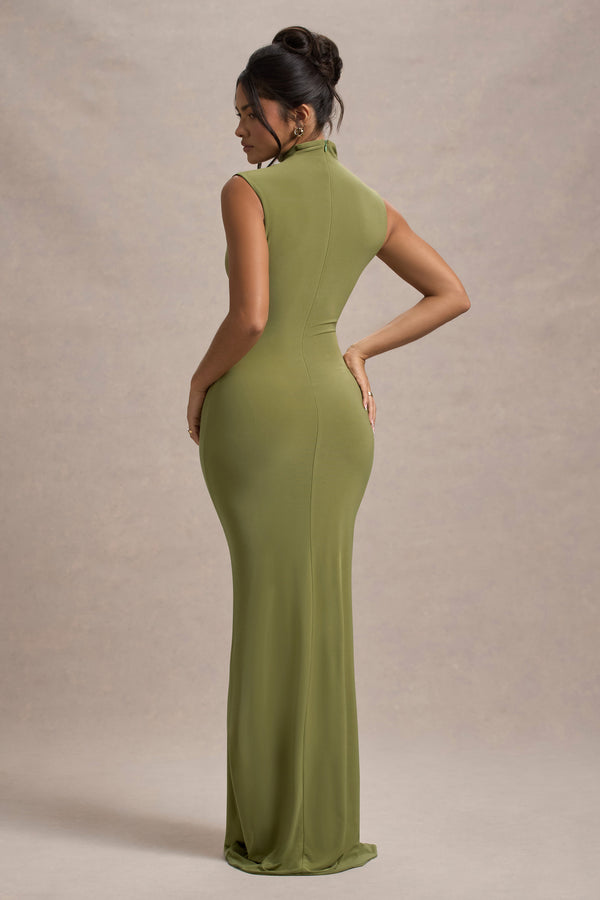 Club L Lanetta Olive Ruched High-Neck Maxi Dress With Split