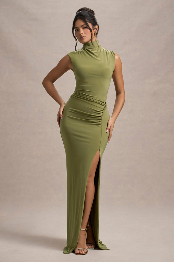 club l Lanetta Olive Ruched High-Neck Maxi Dress With Split