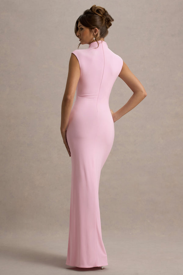 Club L Lanetta Pink Ruched High-Neck Maxi Dress With Split
