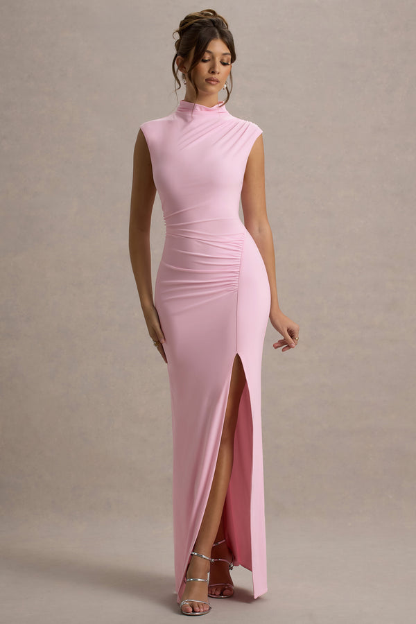 Club L Lanetta Pink Ruched High-Neck Maxi Dress With Split