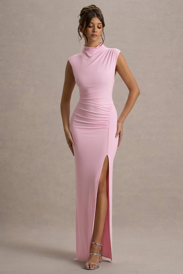 club l Lanetta Pink Ruched High-Neck Maxi Dress With Split