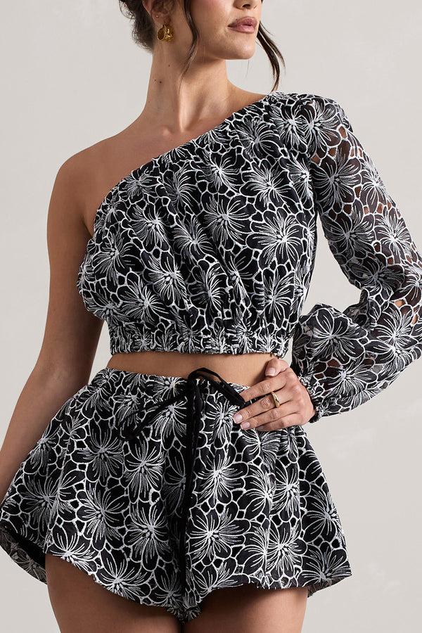 Club L Last Request Black Lace Asymmetric One-Sleeve Crop-Top