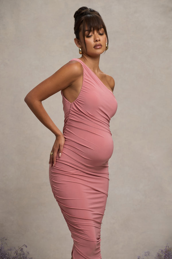 Club L Late Night Blush Pink Maternity Ruched One Shoulder Midi Dress