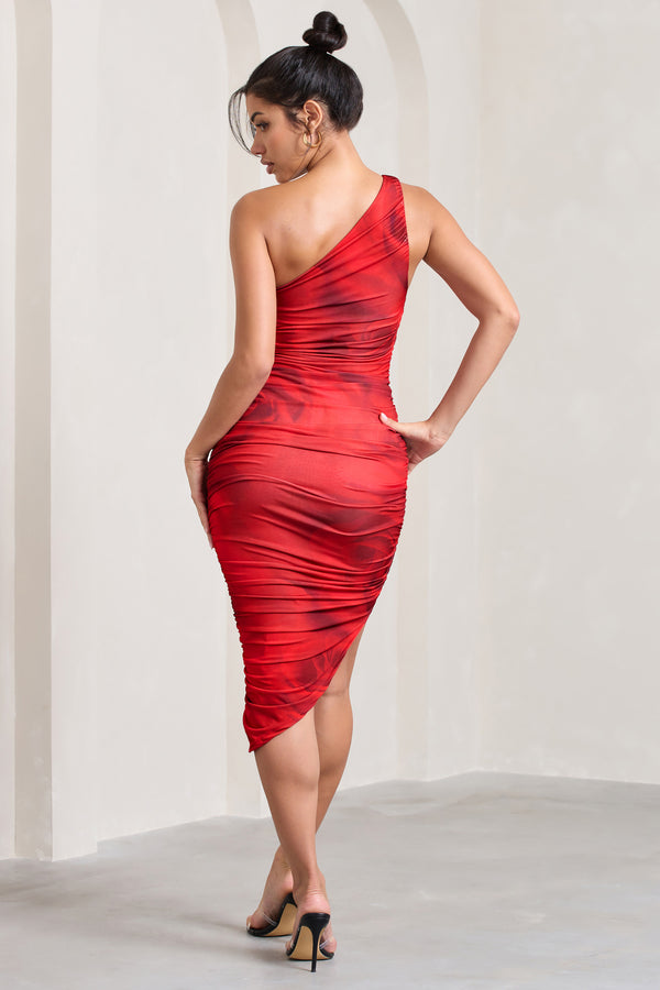 Club L Late Night Red Rose Print Asymmetric One Shoulder Ruched Midi Dress