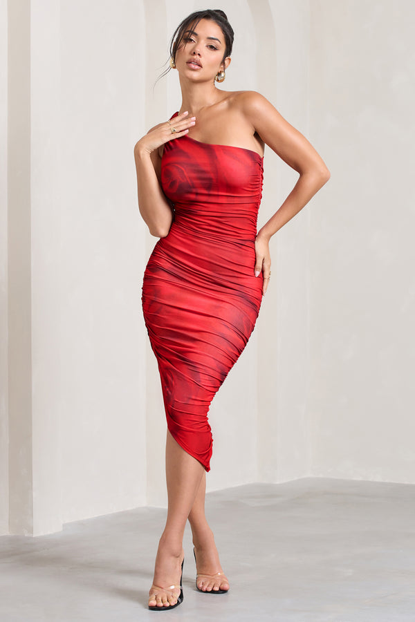 Club L Late Night Red Rose Print Asymmetric One Shoulder Ruched Midi Dress