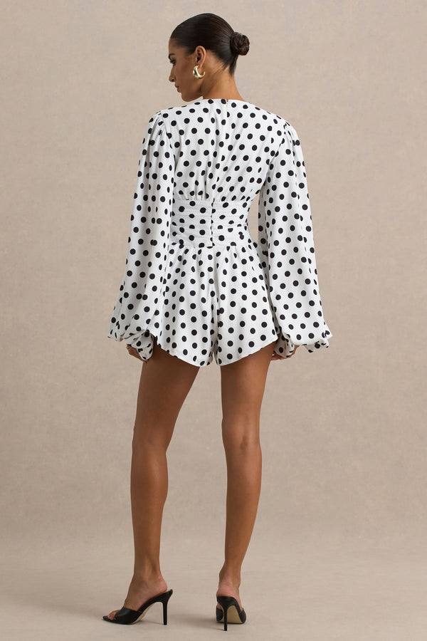 Club L Laurel White Polka Dot V-Neck Balloon Sleeve Playsuit
