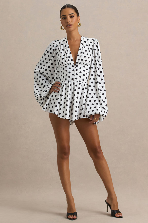 club l Laurel White Polka Dot V-Neck Balloon Sleeve Playsuit