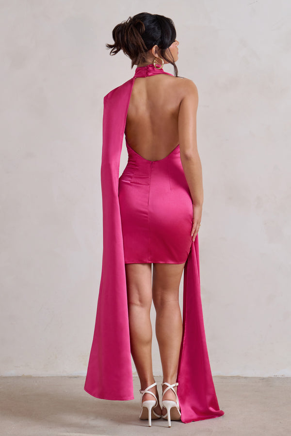 Club L Laurelie Hot Pink Satin Statement Cape Design Mini Dress