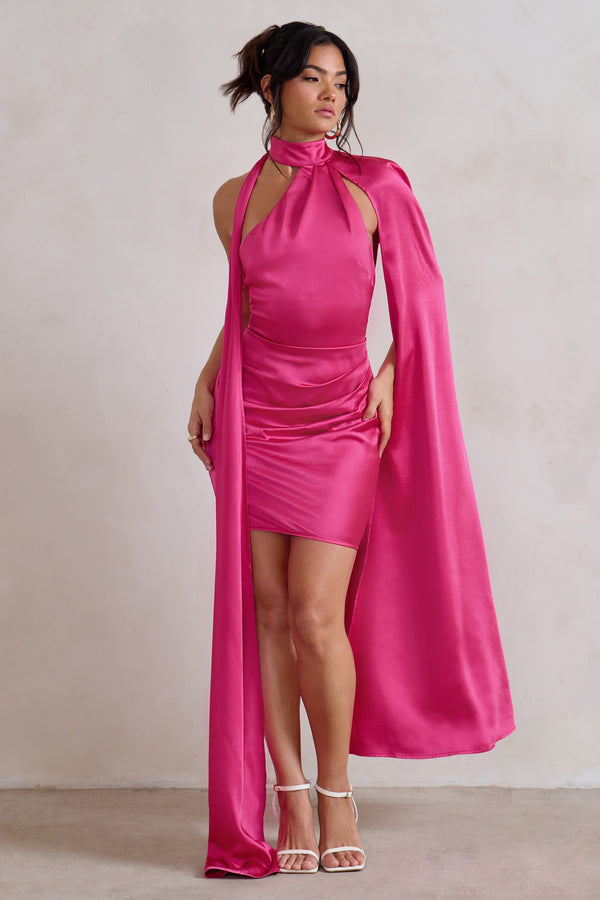 Club L Laurelie Hot Pink Satin Statement Cape Design Mini Dress