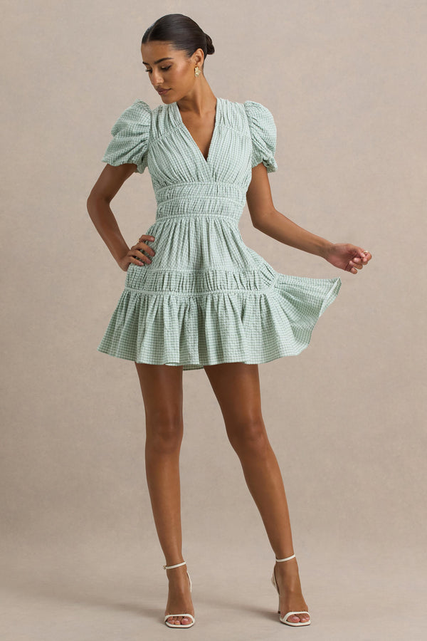 Club L Laurelle Green Extreme Plunge-Neck Mini Dress With Ruffled Detailing