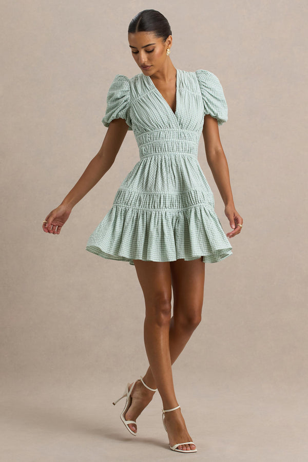 Club L Laurelle Green Extreme Plunge-Neck Mini Dress With Ruffled Detailing