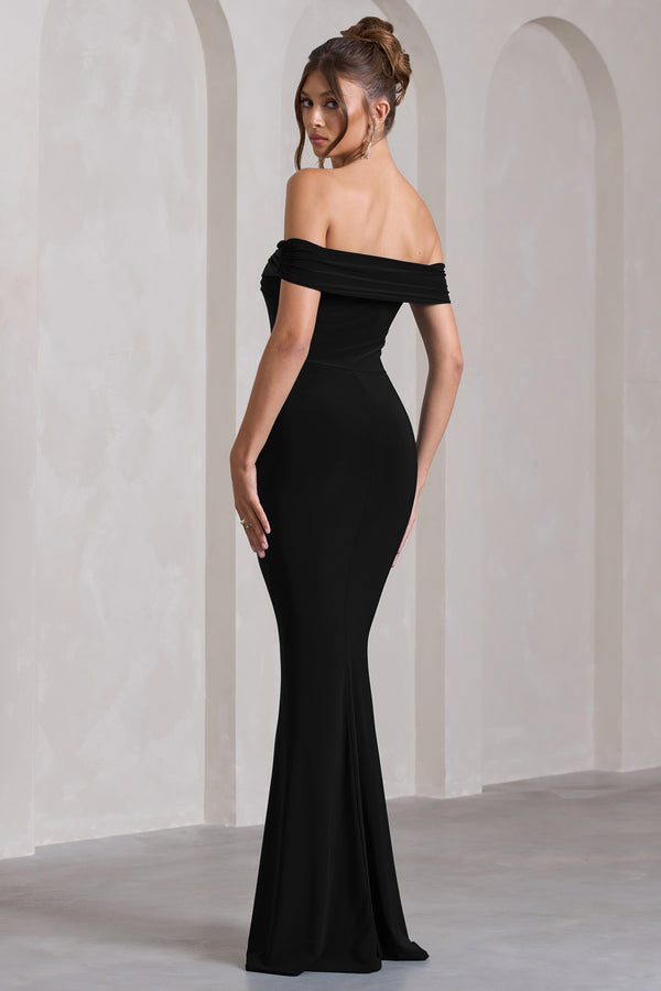 Club L Law Of Attraction Black Bardot Draped Split Maxi Dress