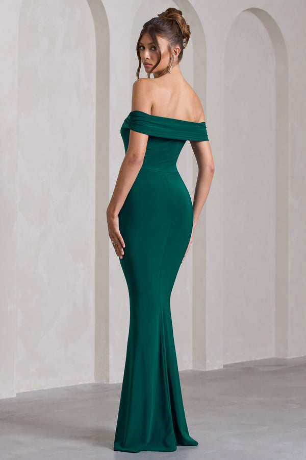 Club L Law Of Attraction Bottle Green Bardot Draped Split Maxi Dress