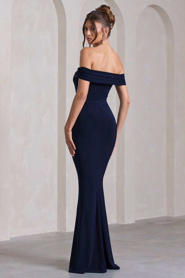 Club L Law Of Attraction Navy Bardot Draped Split Maxi Dress