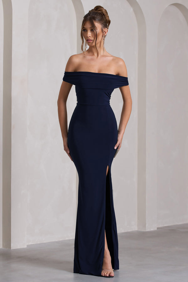 Club L Law Of Attraction Navy Bardot Draped Split Maxi Dress
