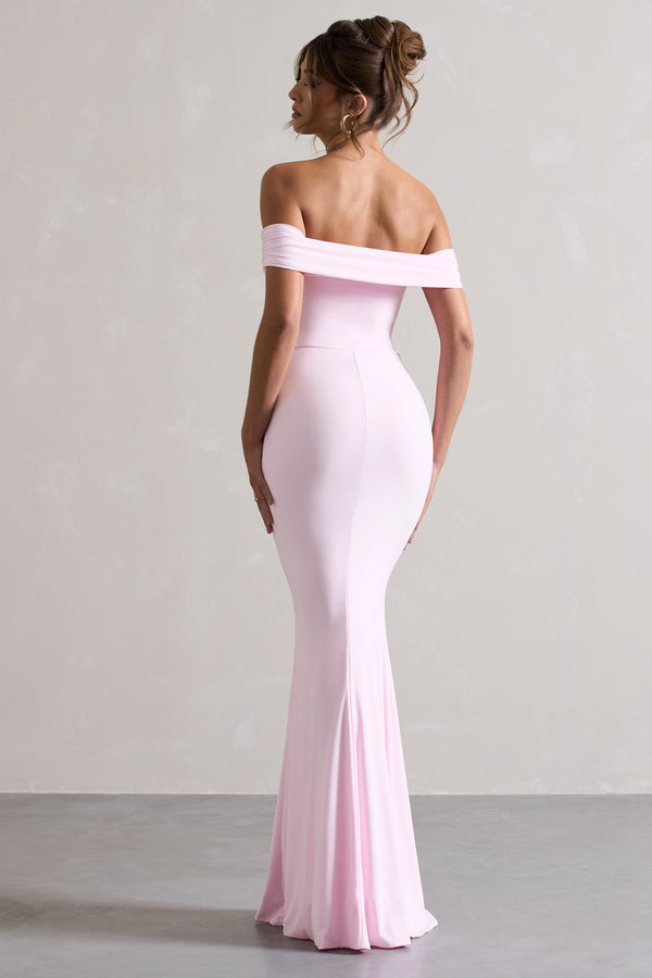 Club L Law Of Attraction Pink Bardot Draped Split Maxi Dress