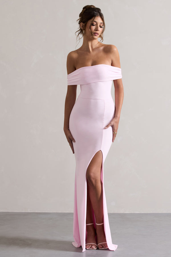 Club L Law Of Attraction Pink Bardot Draped Split Maxi Dress
