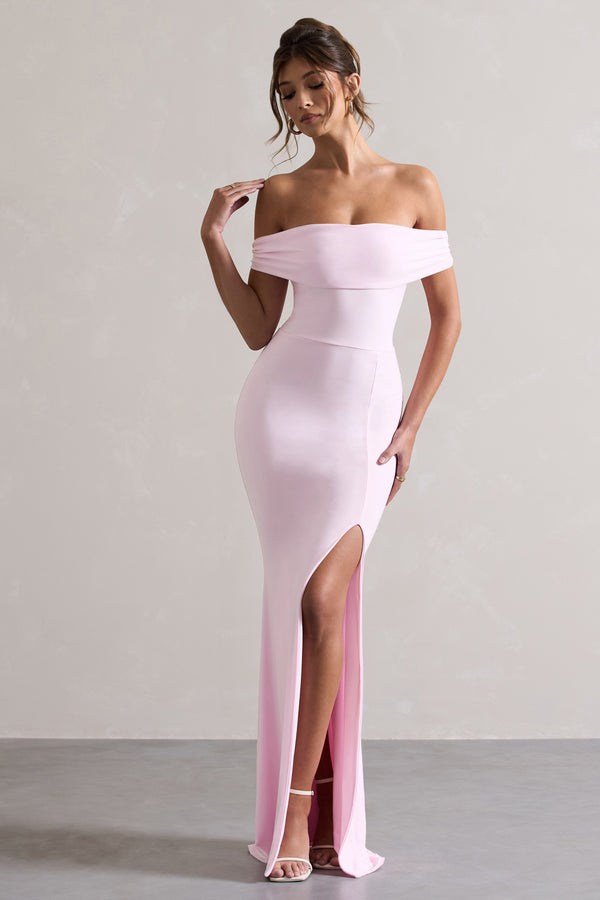 club l Law of Attraction Pink Bardot Draped Split Maxi Dress