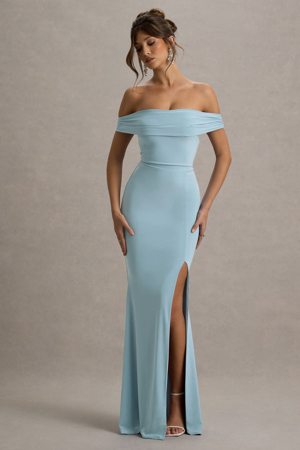 club l Law of Attraction Powder Blue Bardot Draped Split Maxi Dress
