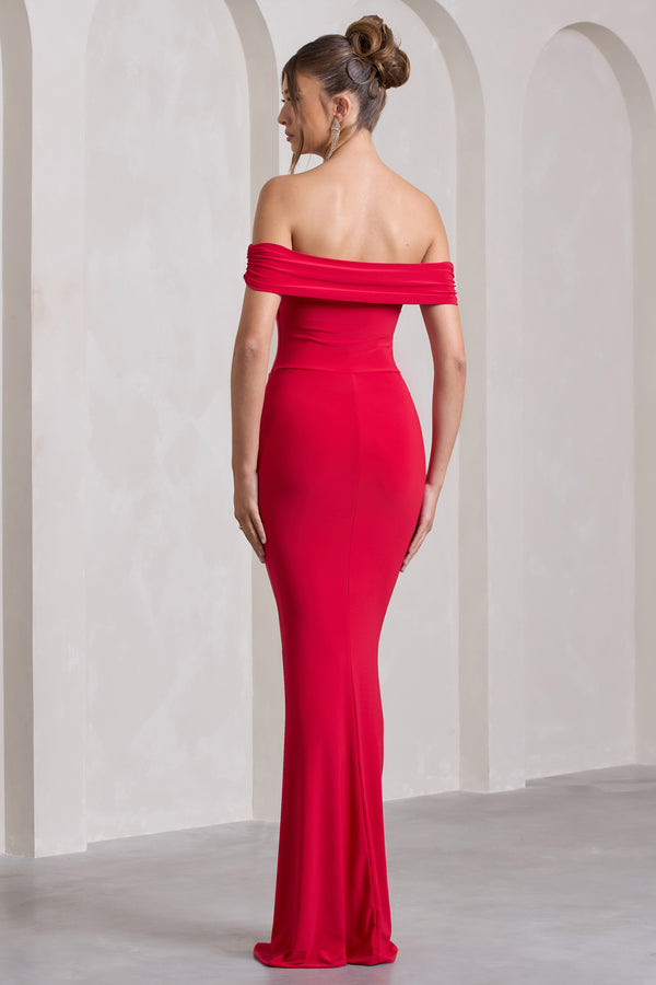 Club L Law Of Attraction Red Bardot Draped Split Maxi Dress