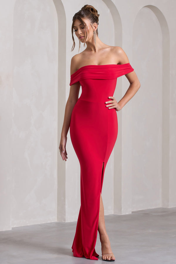 Club L Law Of Attraction Red Bardot Draped Split Maxi Dress