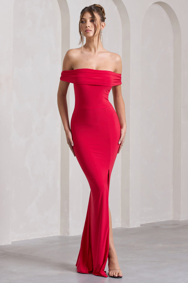 Club L Law Of Attraction Red Bardot Draped Split Maxi Dress