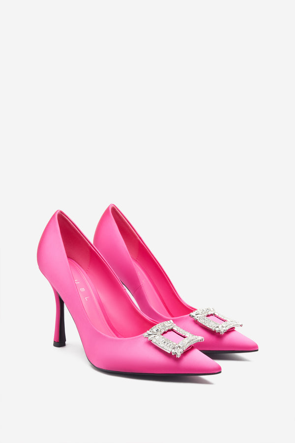 Club L Lawless Hot Pink Satin Pointed Court Heels With Diamante Brooches