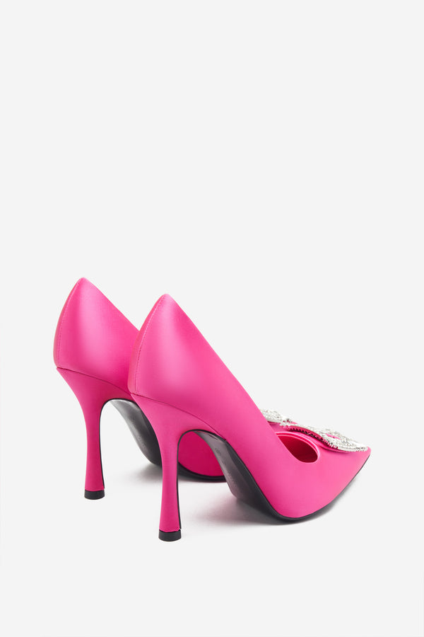 Club L Lawless Hot Pink Satin Pointed Court Heels With Diamante Brooches