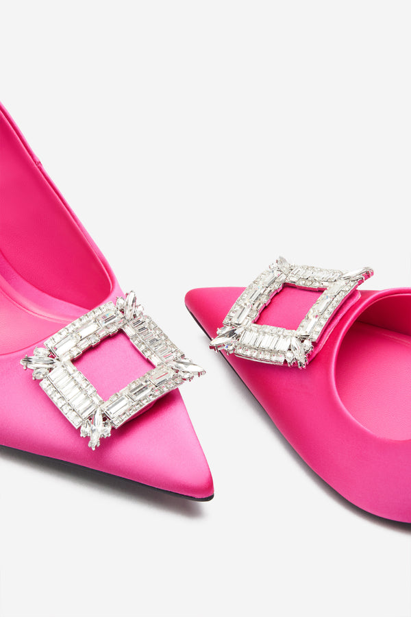 Club L Lawless Hot Pink Satin Pointed Court Heels With Diamante Brooches
